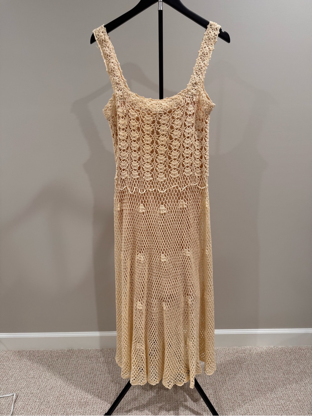 Vintage Beige Crochet Maxi/Tea Length Dress 1980's - Women's Knit BOHO Sundress